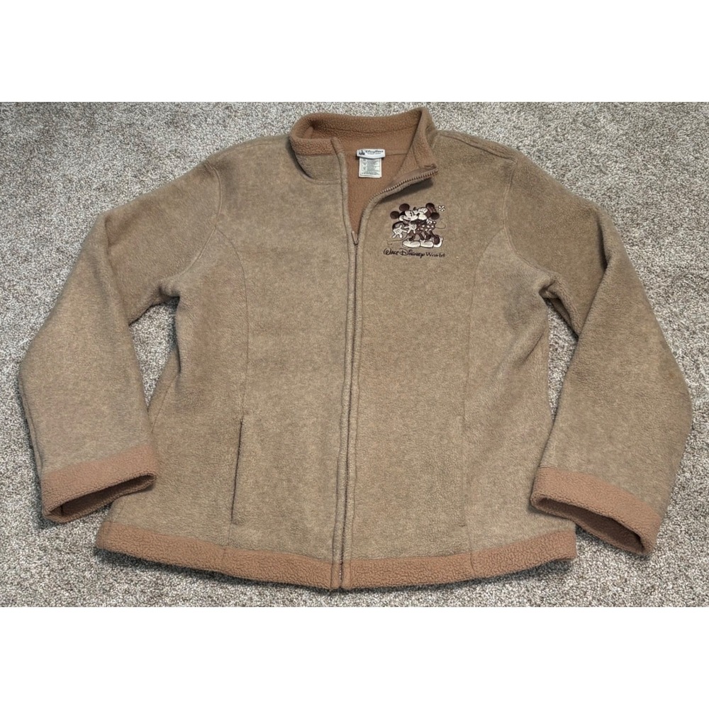 Disney Fleece Jacket Womens XL Tan Mickey Minnie Mouse Embroidered Full Zip Park